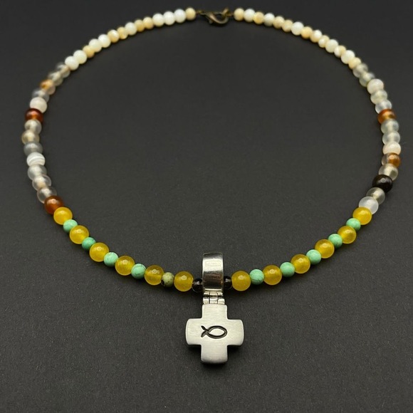 Retired Silpada S0866 Ichthys Cross Small Jesus Fish Beaded Necklace Unisex Boho